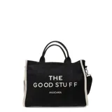 Bolso tote negro con asas cortas y correa larga ajustable. Estampado frontal con la frase "The Good Stuff" y el logo de Miss Carol.