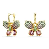Aros colgantes con forma de mariposa, decorados con cristales multicolores engarzados en pavé y baño de oro. Cierre tipo gancho. Colección Idyllia de Swarovski.