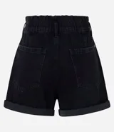 Short baggy de jeans negro con cintura doble, trabillas, elástico, botones dobles, cierre con cremallera y ruedo doblado.