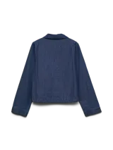 Top de manga larga en denim azul medio, con cuello camisero abierto en V y mangas amplias. Corte regular.