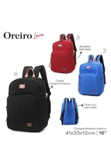 Mochila roja acolchada con diseño de hojas en relieve. Tiene un bolsillo frontal con cierre, correas acolchadas ajustables y asa superior.