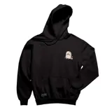 Canguro negro con capucha y bolsillo delantero. Estampado en el pecho con un dibujo de una lápida con una "M" grabada.