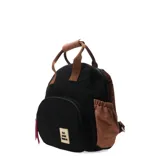 Mochila pequeña combinada en tonos beige, rosa y amarillo, con bolsillo frontal acolchado y bordado con la frase 'paix amour bonheur'.