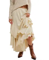 Falda larga color verde oliva con estampado floral jacquard, corte asimétrico y volantes en cascada.