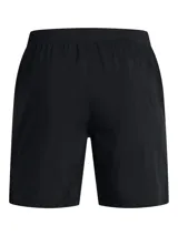 Short de running Under Armour Launch de 7 pulgadas, color azul con detalles en naranja y logo reflectivo.