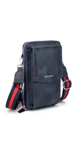 Bandolera porta celular negra de símil cuero con bolsillo frontal con tapa, cierre perimetral, correa de galón regulable y desmontable, y múltiples compartimentos internos para tarjetas y billetes.