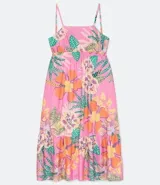 Vestido largo de poliéster con estampado floral multicolor, escote recto, tiras finas, espalda abierta y falda con volantes.