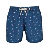 Short de baño azul con estampado de veleros en tonos rosa, celeste y naranja. Tiene cintura elástica con cordón ajustable.
