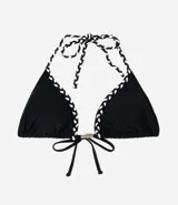 Top de bikini triangular fruncido de microfibra negra, con detalle de trenzado bicolor en el escote y breteles.