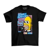 Remera negra de algodón con estampado de Homero Simpson como Mr. Sparkle, con texto en japonés y detalles gráficos en colores celeste, rosa y amarillo.