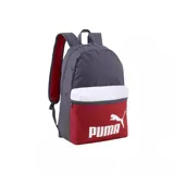 Mochila Puma Phase colorblock en gris, blanco y rojo, con logo Puma estampado en blanco en el frente.
