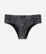 Bombacha de bikini tipo sunkini, color negro con estampado de lunares blancos, de microfibra con laterales fruncidos.