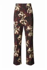 Pantalón de corte recto con estampado floral en tonos marrón, negro y beige. Presenta cintura elástica.
