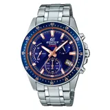 Reloj Casio Edifice EFV540D-2AVUDF para hombre, con caja y pulsera de acero plateado, esfera azul con detalles en color oro rosa, cronógrafo y resistencia al agua de 100 metros.