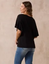 Blusa negra de algodón texturado, marca Ruby Rd, con manga corta amplia y cuello redondo.