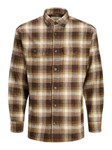 Sobrecamisa de hombre de manga larga con cierre de botones. Diseño a cuadros en tonos marrón, beige y verde. Confeccionada en tejido de sarga de lana, poliéster, acrílico y nylon.