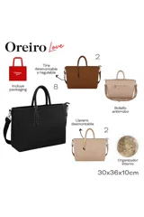Cartera Las Oreiro color marrón, con doble asa superior y correa de hombro ajustable y extraíble. Incluye un llavero decorativo de cuerda trenzada.