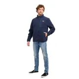 Canguro azul marino de micropolar con cierre frontal, cuello alto, bolsillo vertical en el pecho con cierre y logo de la marca en etiqueta de cuero sintético.