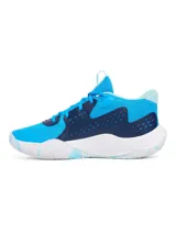 Championes de básquet Under Armour UA Jet 23, color negro con detalles dorados y suela blanca.