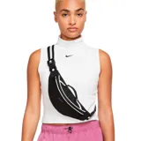 Riñonera negra con logo Nike bordado en azul y detalles en blanco.