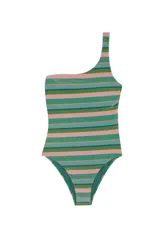 Bañador enterizo con estampado de rayas horizontales en tonos verde, rosa y plateado. Diseño de un solo tirante, con almohadillas extraíbles y forro completo.