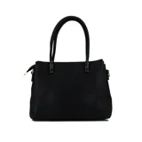 Cartera negra con textura granulada, doble asa corta y correa larga desmontable.