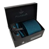 Set de corbata, pañuelo de bolsillo y gemelos color azul con diseño de micro puntos.