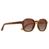 Lentes de sol con montura redonda de madera color marrón claro con diseño de vetas. Lentes color marrón degradado y patillas de madera color marrón claro.