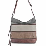 Bandolera marrón con paneles combinados en tonos beige y verde. Tiene apertura superior con cierre, bolsillo frontal con cierre, tres bolsillos internos (dos con cierre), bolsillo trasero con cierre y correa larga regulable.