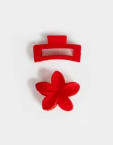 Set de dos broches para el pelo color rojo: uno rectangular y otro con forma de flor de hibisco.