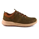 Championes Hi-Tec de cuero color marrón oscuro con cordones negros, suela gris y logo de la marca en el lateral.