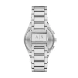 Reloj Armani Exchange modelo Sync, con caja plateada de acero inoxidable, esfera negra con cronógrafo y brazalete de eslabones plateados.