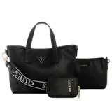 Set de tres carteras Guess de poliuretano negro con logo 4G. Incluye una mini tote con doble asa, correa cruzada ajustable y removible, cierre magnético y logo triangular metálico; un pouch con cierre y una billetera pequeña con cierre.
