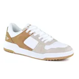 Championes Hi-Tec Lyra de estilo casual deportivo, color blanco con detalles en marrón y beige.