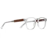 Armazón de lentes de acetato transparente, con forma rectangular redondeada.