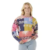 Buzo de algodón con estampado patchwork multicolor y logo de la marca bordado en el pecho.