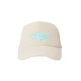 Gorra de béisbol color beige con paneles traseros de malla y logo bordado en celeste.