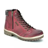 Bota acordonada de cuero color marrón con cierre lateral, suela dentada y detalles de costuras.