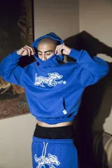 Hoodie azul con estampado de un perro en el pecho. Corte oversize.