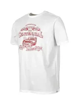 Remera blanca de algodón y poliéster con cuello redondo y estampado frontal en color rojo con el logo de Caterpillar, un tractor y la leyenda "Centennial Worldwide Celebration".