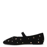 Bailarinas planas negras con punta fina, estilo Mary Jane, con tira ajustable en el empeine y tachas metálicas doradas decorativas en toda la superficie.