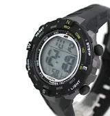 Reloj Mistral deportivo digital color negro con detalles en verde y gris.
