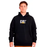 Buzo canguro negro con capucha ajustable y logo de Caterpillar (CAT) estampado en el pecho.