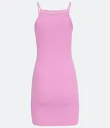 Vestido corto color naranja, de tejido acanalado, con escote cuadrado y tirantes finos.