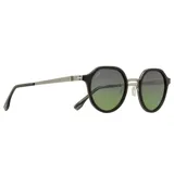 Lentes de sol Indie modelo Ringo, con marco redondo de madera ébano, patillas de acetato y metal, puente ajustable y lentes polarizados verdes degradé con protección UV.