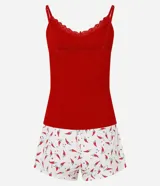 Conjunto de pijama Short Doll compuesto por una blusa de rib con breteles finos ajustables y encaje en el escote, y un short de viscolycra con cintura elástica y estampado de mini pimientos.