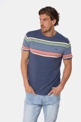 Remera de manga corta con diseño a rayas horizontales en tonos azul, verde, beige y rosa.