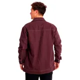 Chaqueta unisex color borgoña con cierre frontal de botones a presión, cuello clásico, dos bolsillos superiores con solapa y dos bolsillos inferiores con entrada lateral.