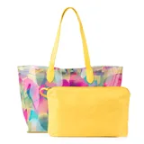 Cartera tipo shopper de PU transparente con estampado abstracto multicolor y asas amarillas.