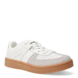 Zapatillas deportivas blancas con detalles en gris y suela marrón.